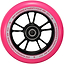 Close-up of the Blunt Envy 100mm Stunt Scooter Wheel in black and pink, featuring an aluminum core with ABEC 9 bearings. White text on the inner rim reads "One Hundred x Twenty Four mm 86A." The wheel showcases a sleek black hub with multiple spokes.