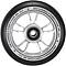 The Blunt Envy 100mm Stunt Scooter Wheel in silver and black showcases a close-up view of its rim labeled "One Hundred x Twenty Four mm 86A." It is designed with sleek radial spokes, an aluminum core, and equipped with ABEC 9 bearings for a smooth ride.