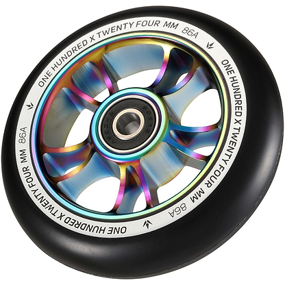 The Blunt Envy 100mm Stunt Scooter Wheel in Oil Slick Neochrome and Black features a vibrant rainbow-colored aluminium core with a black tire. The outer edge is inscribed with "ONE HUNDRED X TWENTY FOUR MM 86A," showcasing a stylish spoke design and equipped with an ABEC 9 central bearing for optimal performance.