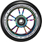 Close-up of a Blunt Envy 100mm stunt scooter wheel showcasing an aluminium core with an oil slick neochrome finish. The outer black rim is inscribed with "ONE HUNDRED X TWENTY FOUR MM 86A," and it is equipped with smooth ABEC 9 bearings for optimal performance.