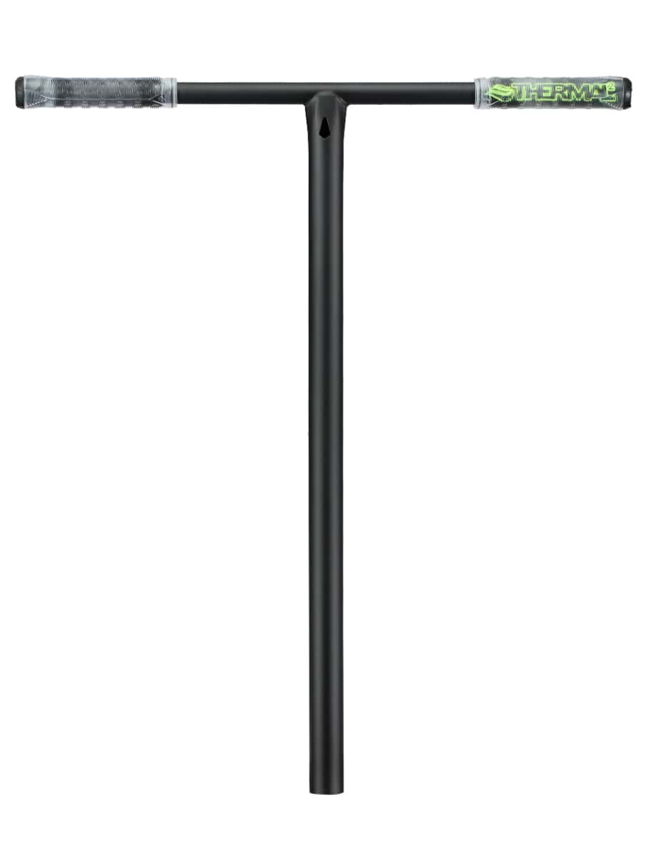 A black Blunt Envy Thermal V2 stunt scooter bar boasts a T-shape design crafted from steel, offering durability and style. The gray grips are accented with green for added comfort and flair. Prominently featuring the brand name "Blunt Envy" on the right grip, this distinctive accessory enhances any stunt scooter setup.