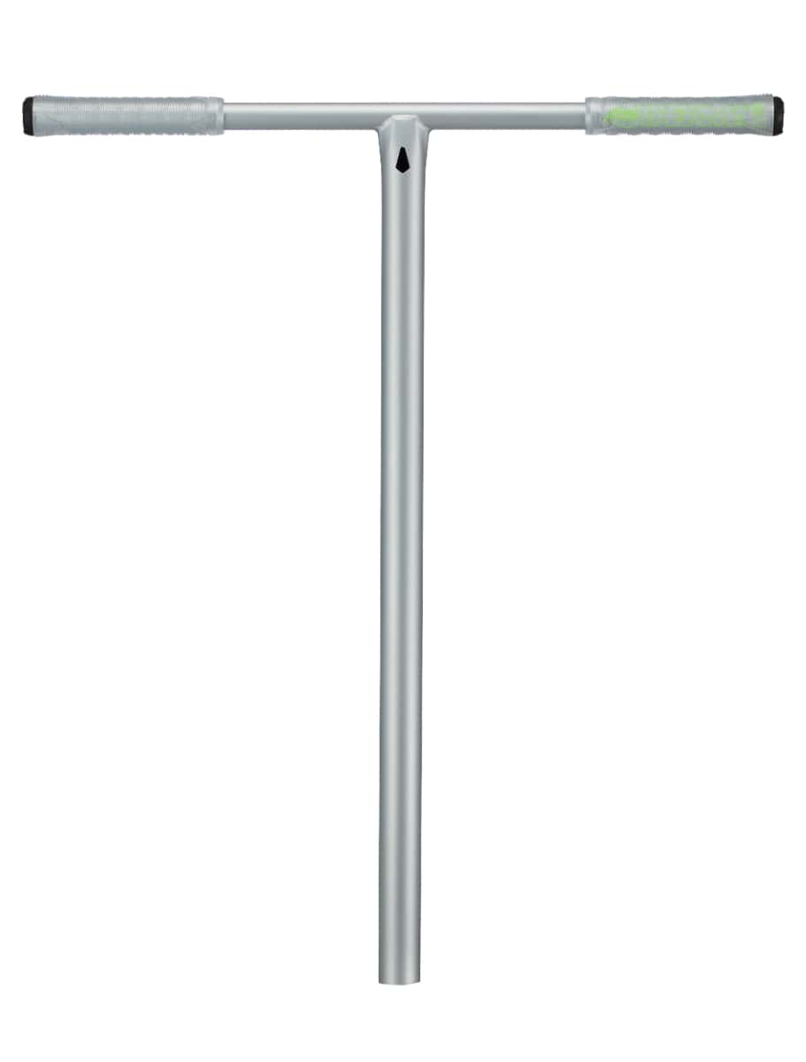 The Blunt Envy Thermal V2 Steel Oversized SCS Stunt Scooter Bars - Silver feature a T-shaped design with grip handles on both ends, delivering a sleek appearance ideal for any stunt scooter setup. Set against a white background, these 720mm x 620mm handlebars embody both style and functionality.