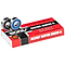 A package of Bones Super Swiss 6 Skateboard Bearings - 8 Pack, prominently featuring the bold "Six Ball" text. Two skateboard bearings are displayed on top, with one showcasing a noticeable blue shield. The predominantly red and black packaging exudes an aura of high-speed performance.