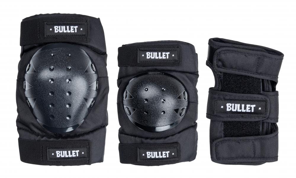 Introducing the Bullet Adult Triple Skate Protection Pad Set in Black, designed specifically for adults. This set includes knee pads and a wrist guard, each constructed from abrasion-resistant Cordura fabric and cushioned with EVA foam padding for enhanced comfort and durability.