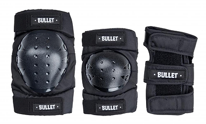 Introducing the Bullet Adult Triple Skate Protection Pad Set in Black, designed specifically for adults. This set includes knee pads and a wrist guard, each constructed from abrasion-resistant Cordura fabric and cushioned with EVA foam padding for enhanced comfort and durability.