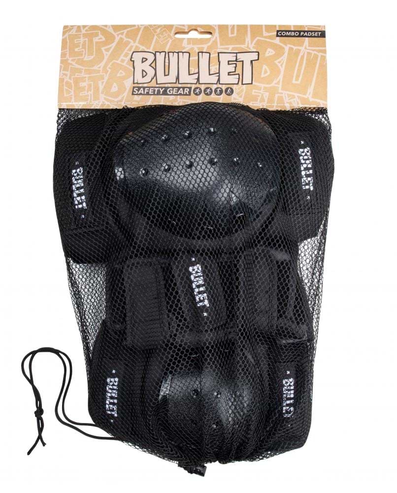 Introducing the Bullet Adult Triple Skate Protection Pad Set in Black—ideal for adult skate protection. This set includes knee pads, elbow pads, and wrist guards, all crafted from abrasion-resistant Cordura fabric with EVA foam padding. Packaged conveniently in a mesh bag, it features the distinctive Bullet logo and "Safety Gear" branding.