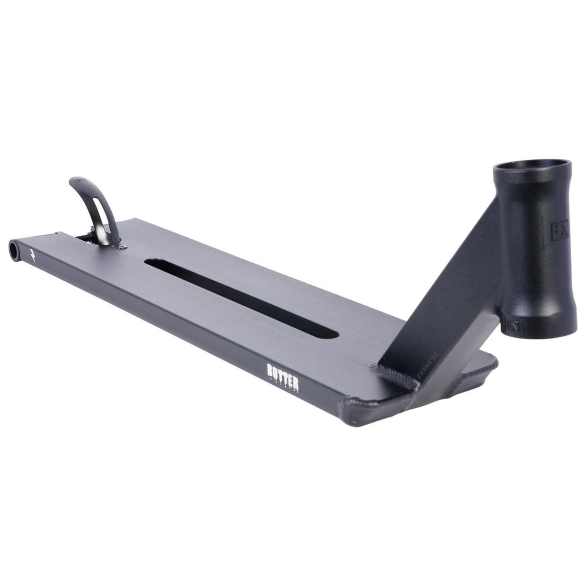 The UrbanArtt Butter Black Stunt Scooter Deck, sized at 5.5" x 22", showcases a modern and sleek design with a buttery smooth finish. It includes a cut-out center section, an upward extending handlebar tube, and features durable Cro-Mo construction. The deck is adorned with the "KUTTER" branding near the back.