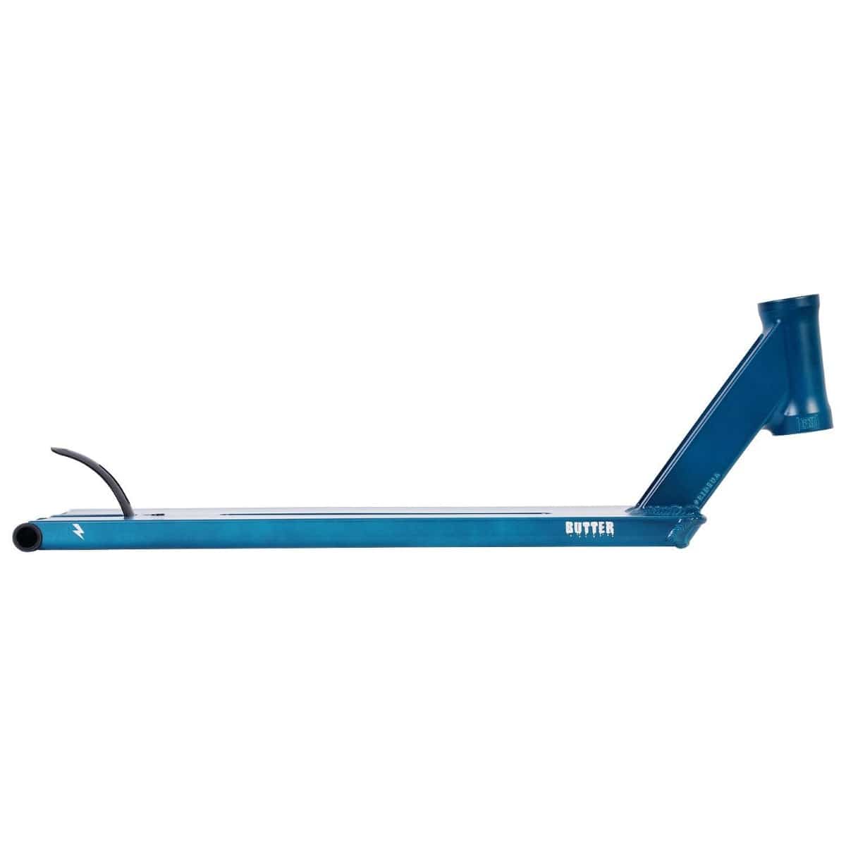 Introducing the UrbanArtt Butter Arctic Blue Stunt Scooter Deck, measuring 5.5" x 23", this product exudes a sleek, minimalist look. Designed for street riders, it features Cro-Mo durability alongside a slightly angled headtube and a rear-mounted brake, perfectly blending style and strength for an exceptional riding experience.