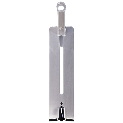 This tool, akin to the UrbanArtt Butter Raw Brushed Silver Stunt Scooter Deck, showcases a flat, rectangular structure with a handle that includes a circular hole at its end. It has a long vertical slit down the middle, making it ideal for street riders or specialized mechanical applications.