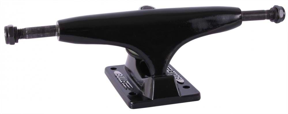 A side-view image showcases a Bullet Black Skateboard Truck with the brand name clearly visible, highlighting its cast aluminium hanger complete with an axle and kingpin. These 130mm trucks, designed for affixing wheels to a skateboard, are an ideal choice for individuals seeking durable and low-profile options.