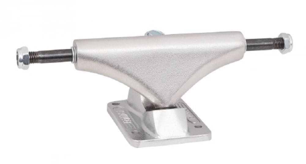 The Bullet Silver Skateboard Trucks (Pair) - 130mm, by Bullet, showcase a sleek design with a durable baseplate and two axle ends for wheel attachment, displayed on a plain white background.
