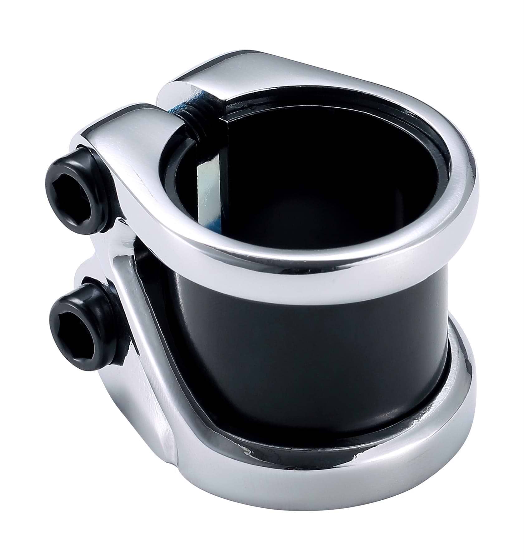 The Blunt Envy Z 2 Bolt Oversized Stunt Scooter Clamp in chrome is a stylish and gleaming silver and black aluminum clamp that excels at securing cylindrical objects. With its metallic finish shining brightly against a white backdrop, it is compatible with IHC or HIC bars, adding a touch of elegance to any setup.