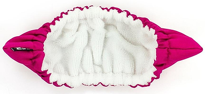 A microfiber rectangular product with a white center and bright pink elastic ends, resembling the SFR Ice Skate Blade Soakers - Pink, offers moisture protection. The fabric's gathered texture adds to its fashion-accessory-like appearance.