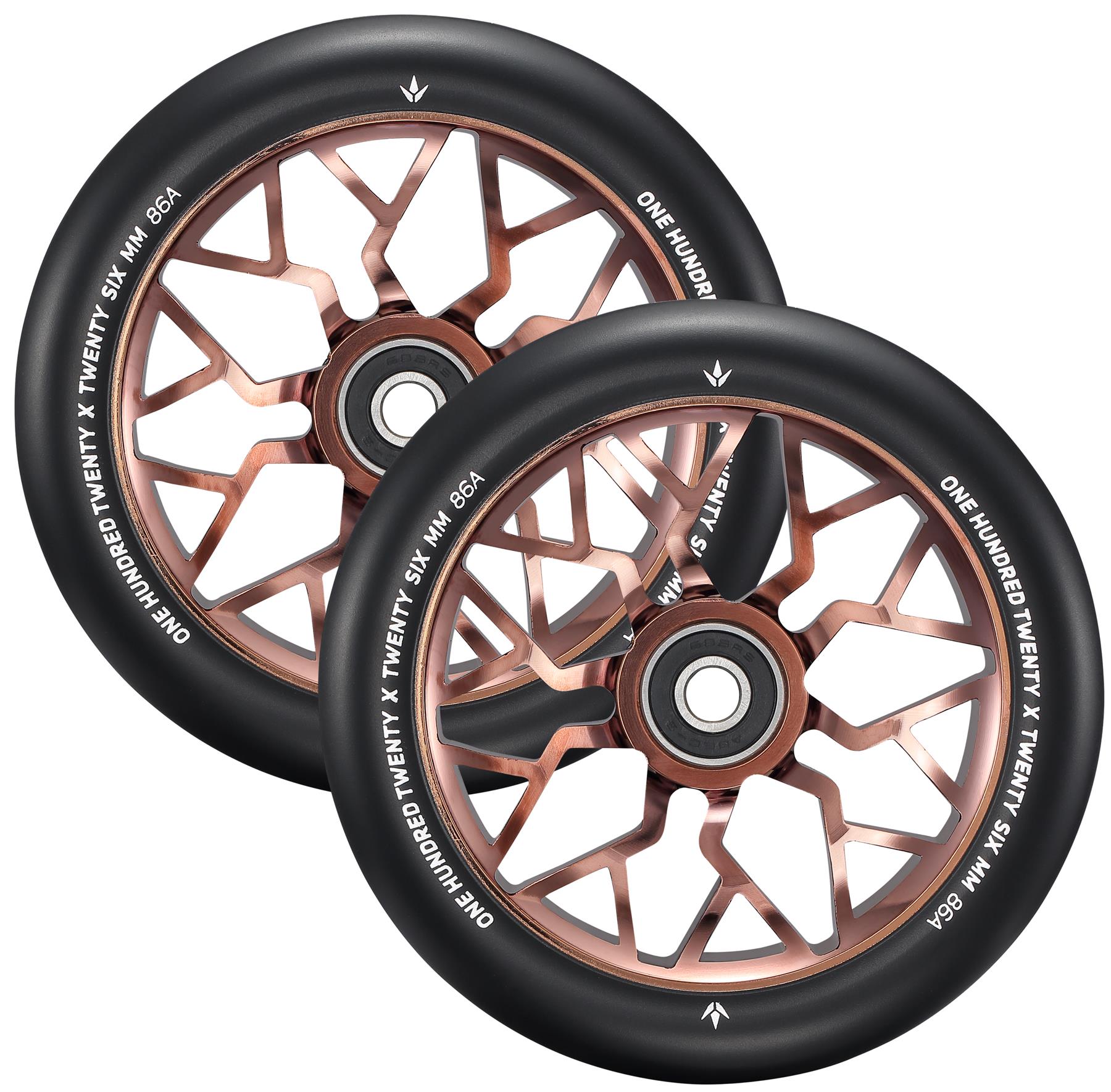 Two Blunt Envy Sector 120mm Stunt Scooter Wheels in copper feature a black geometric spoke design and white "ONE HUNDRED TWENTY X TWENTY-FOUR MM 86A" text along the rim's outer edge.