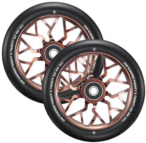 Two Blunt Envy Sector 120mm Stunt Scooter Wheels in copper feature a black geometric spoke design and white "ONE HUNDRED TWENTY X TWENTY-FOUR MM 86A" text along the rim's outer edge.