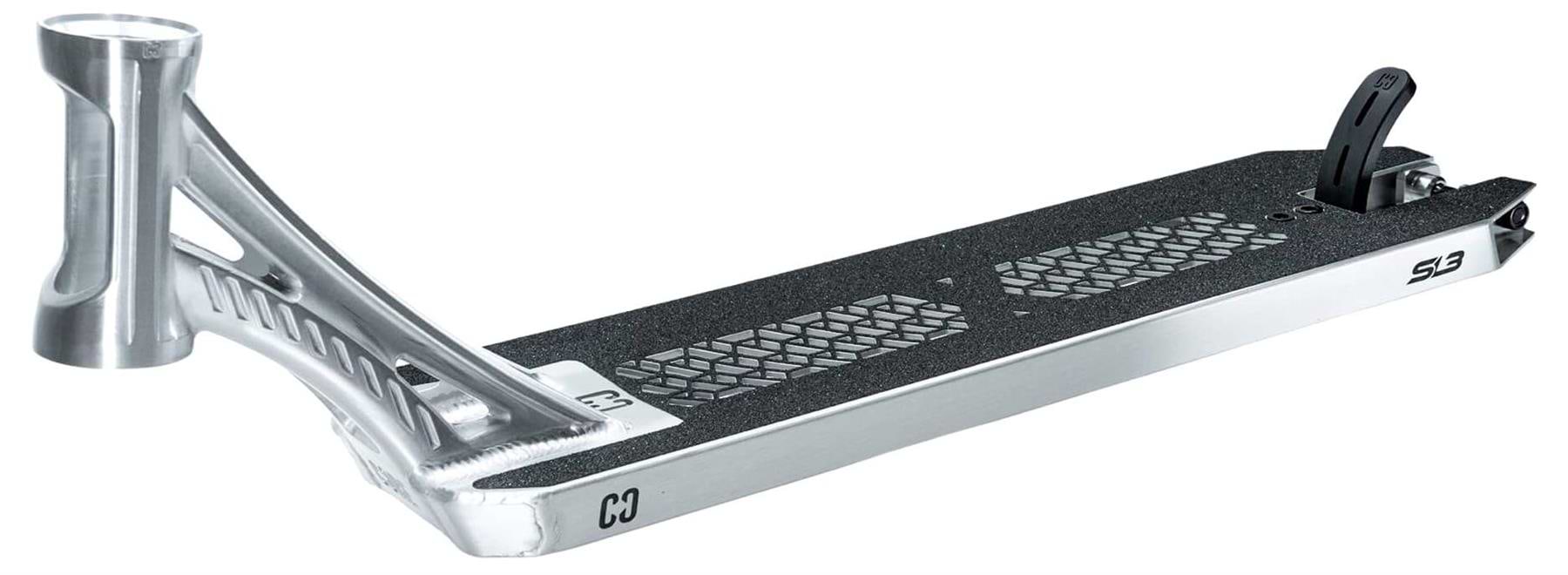 A close-up of the CORE SL3 Forged Polished Stunt Scooter Deck (5.25" x 19.3"/20.5") by CORE, featuring a textured black grip, geometric cutouts, and a rear brake—ideal for premium park scooter setups.