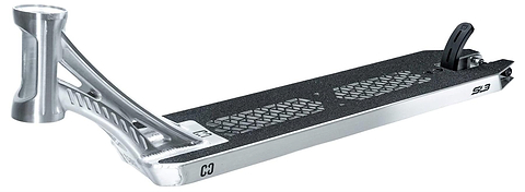 A close-up of the CORE SL3 Forged Polished Stunt Scooter Deck (5.25" x 19.3"/20.5") by CORE, featuring a textured black grip, geometric cutouts, and a rear brake—ideal for premium park scooter setups.