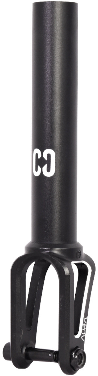 Upgrade your scooter with the CORE Aura SCS/HIC Stunt Scooter Forks in Black by CORE, made from durable 7075 Aluminium and featuring white “CG” and “AURA” print—ideal for performance and style.