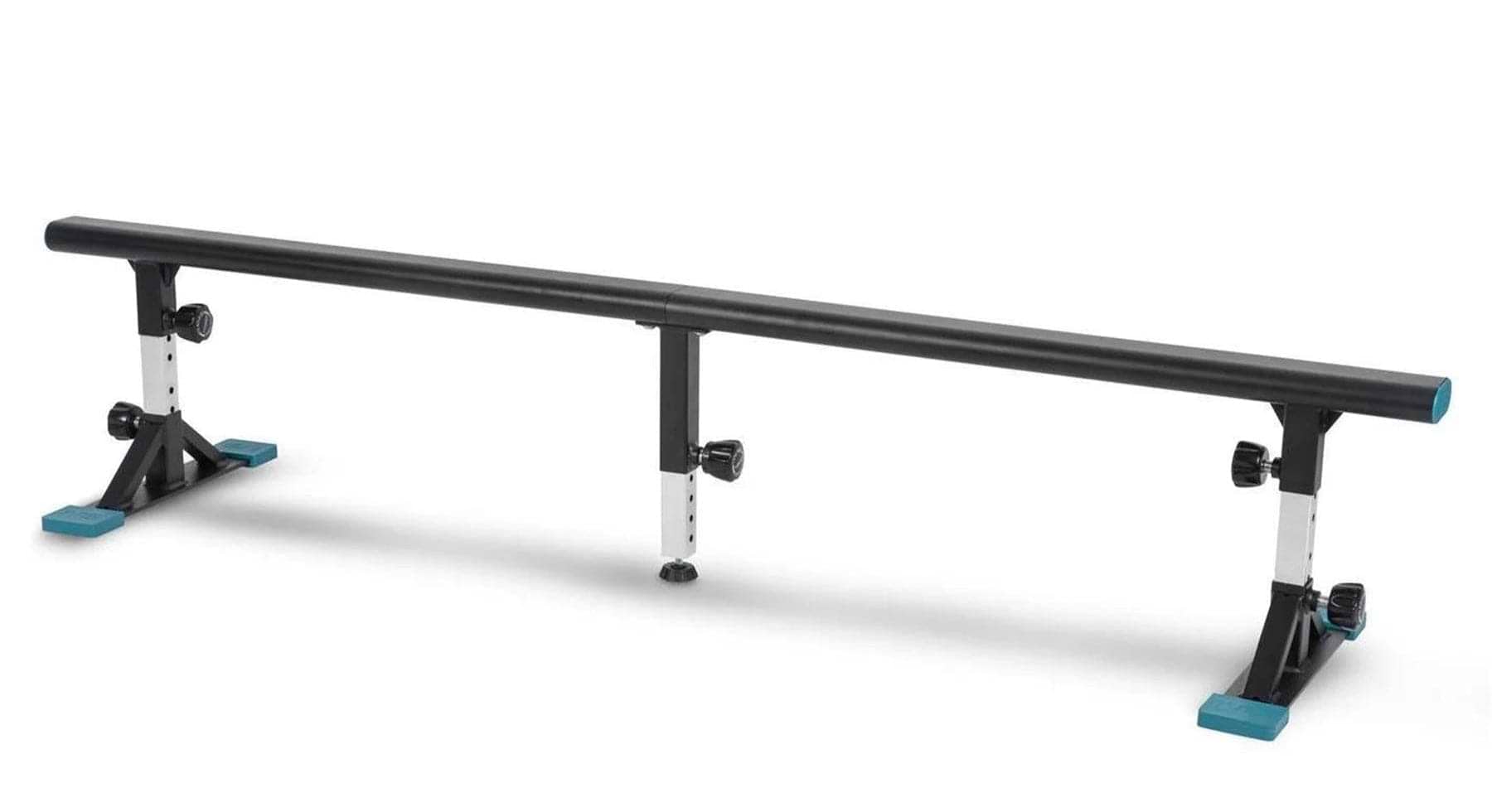 The Invert Supreme Portable Grind Rail - Black by Invert is an adjustable, durable, and weatherproof rail with blue end caps and sturdy metal legs, ideal for scooter or skate sessions. Shown on a white background.