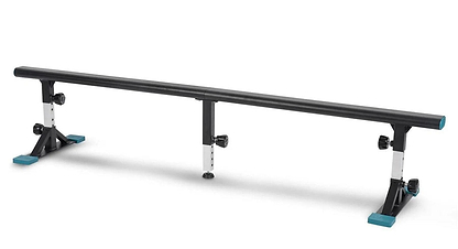 The Invert Supreme Portable Grind Rail - Black by Invert is an adjustable, durable, and weatherproof rail with blue end caps and sturdy metal legs, ideal for scooter or skate sessions. Shown on a white background.