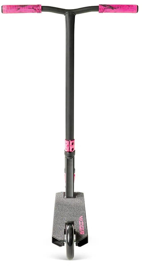 The Madd Gear Viral Rave Complete Stunt Scooter - Melon features a black frame, bright pink handlebar grips and clamp, textured deck, and a pink Madd Gear logo—ideal for mastering and showing off your Viral Rave tricks.