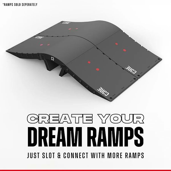 This portable CORE Foldable Mini Kicker Ramp boasts a sleek black design with stylish red dots and the brand name "CORE" emblazoned on its surface. The text encourages you to "Create Your Dream Ramps. Just slot & connect with more ramps." Ideal for any setup, please note that ramps are sold separately.