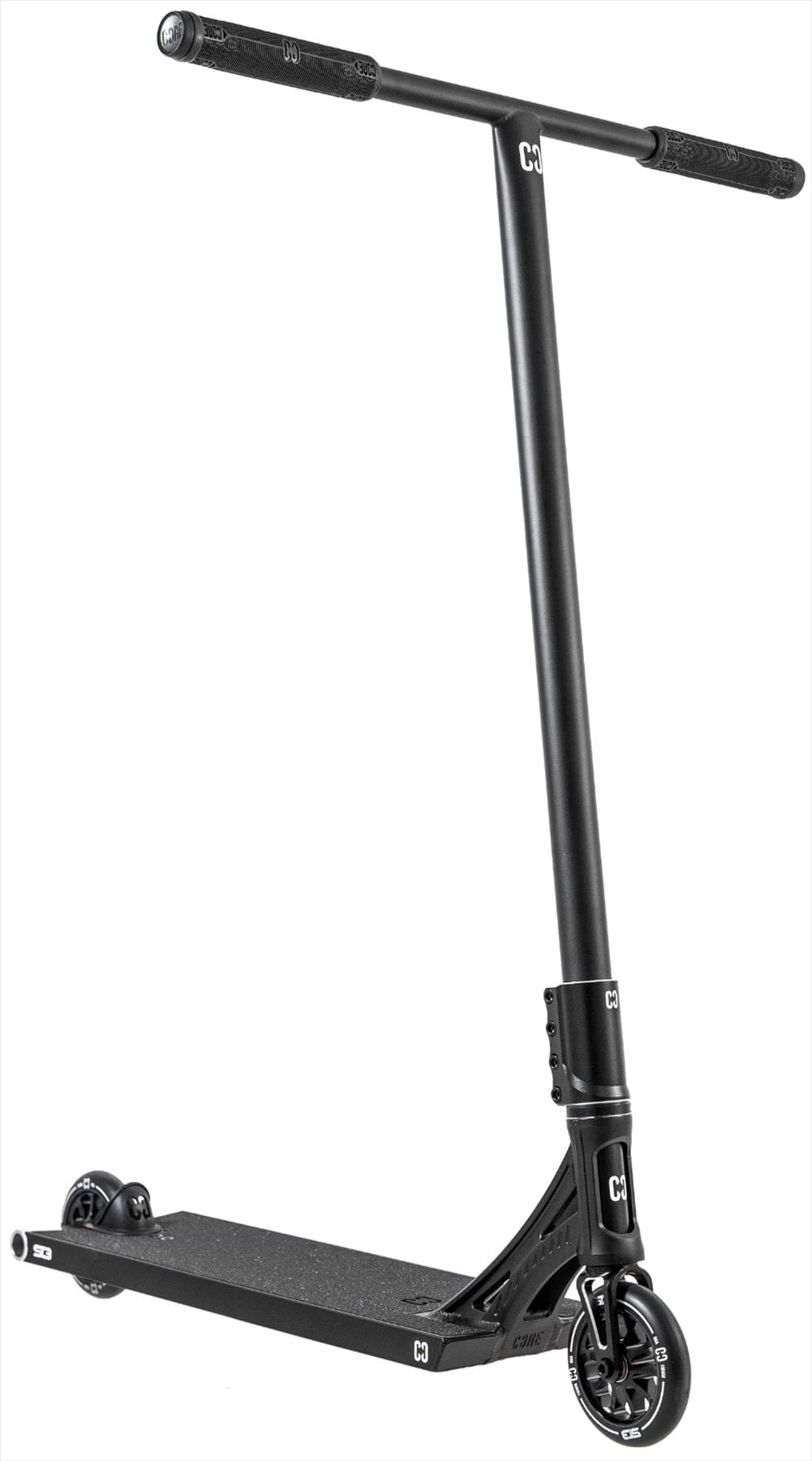 The CORE ST3 Complete Stunt Scooter in black features pro-grade parts, a wide handlebar, small black wheels, and a rectangular trick-ready deck. The CORE logo appears on both the handlebar and the deck.