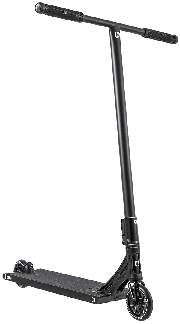 The CORE ST3 Complete Stunt Scooter in black features pro-grade parts, a wide handlebar, small black wheels, and a rectangular trick-ready deck. The CORE logo appears on both the handlebar and the deck.