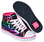 A pair of Heelys Veloz Girls Shoes in Denim/Rainbow by Heelys, featuring white laces, pink accents, a colorful swirl design, and low-profile wheels embedded near the heel—one shoe shows the side; the other displays the sole.