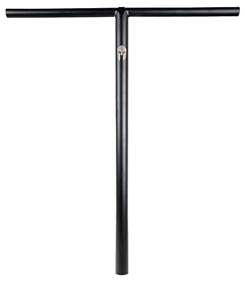 The Supremacy Trojan Steel Oversized SCS Stunt Scooter T-Bars, measuring 710mm x 610mm, are designed with a black metal T-shape featuring a vertical bar and horizontal grip. These handlebars are crafted from high tensile Chromoly steel for superior control and durability and are perfectly suited for the Supremacy brand of scooters. They stand out prominently against a white background.