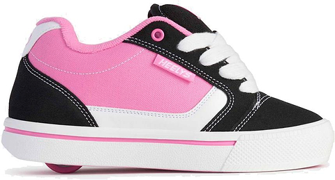 The Heelys Pro 25 V2 Girls Shoes by Heelys in black, white, and pink feature white laces, visible stitching, and a small heel wheel—ideal for anyone who loves retro-inspired footwear with '90s vibes.
