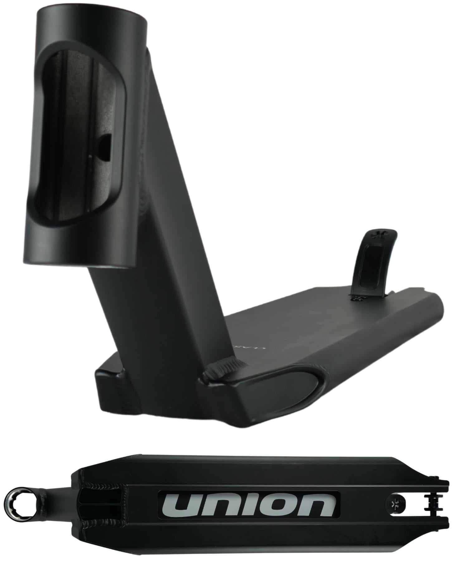 The Union Classic Pro Black Stunt Scooter Deck - 4.75" is shown from two angles: a view of the neck and headtube, and a bottom view featuring "UNION" in bold white letters. A lightweight Union deck ideal for tricks.
