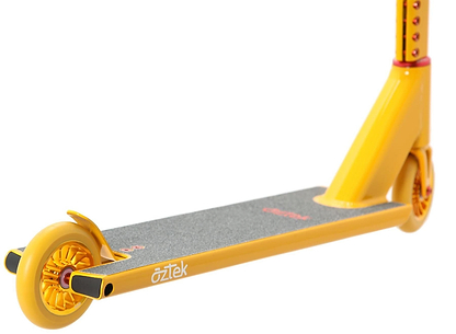 Close-up of the Aztek Architect 2 Complete Stunt Scooter in Sunburst Yellow, featuring 110mm rebound wheels, a gray grip deck, and "Aztek" branding—ideal for entry-level riders seeking style and performance.