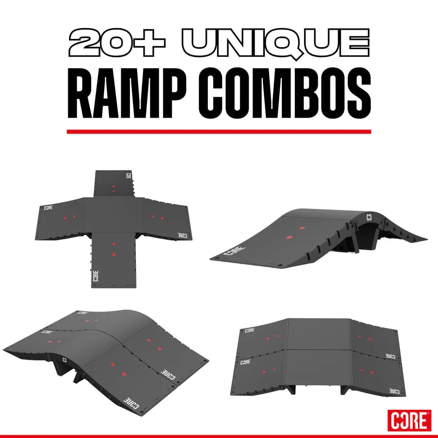 Displayed are four black skateboard ramps from CORE, each boasting unique shapes and configurations that offer over 20 possible combo designs. The variety is emphasized with the text "20+ Unique Ramp Combos," while "CORE Foldable Mini Kicker Ramp" is elegantly positioned at the bottom right.