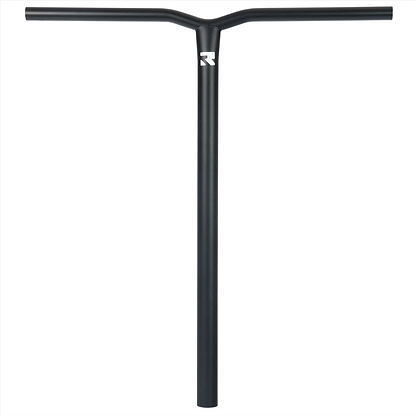 Introducing the Root Industries AIR Titanium Oversized HIC Stunt Scooter Bars in Black, measuring 660mm by 600mm. These handlebars feature a subtle logo near the top and showcase a sleek, minimalist T-shaped design. Crafted from titanium for lightweight durability, they are perfect for enthusiasts of stunt scooter bars.