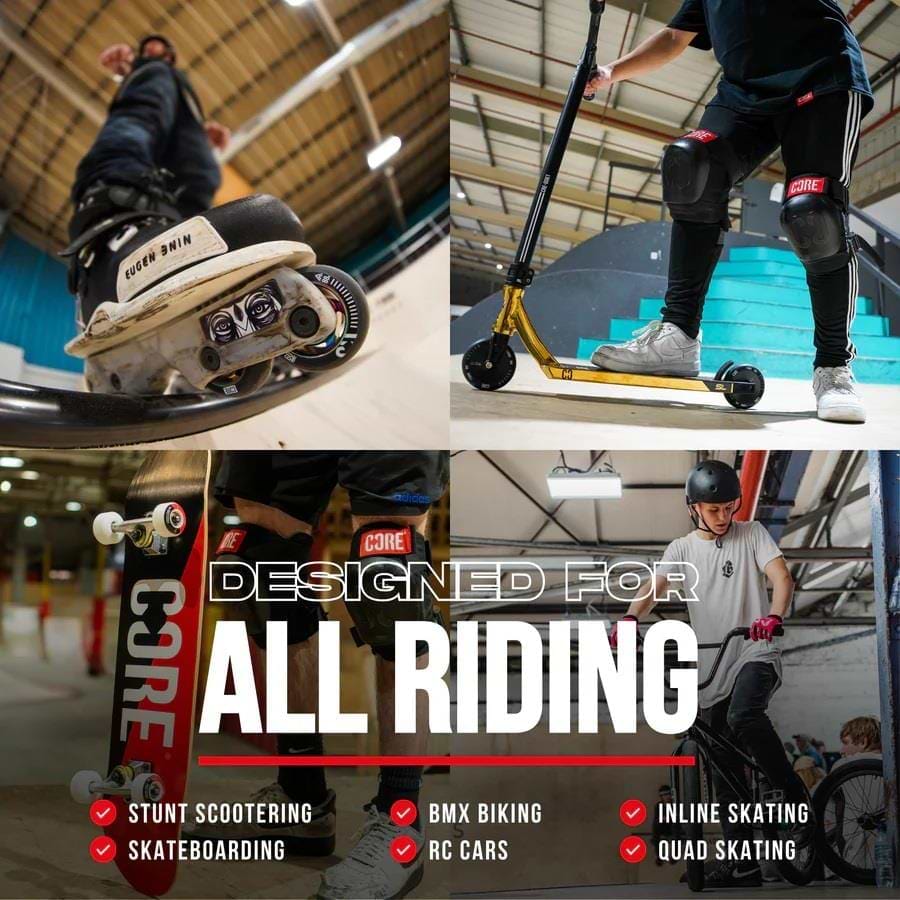 A collage shows close-ups of riders using the CORE Mini Wave Skate Ramp Set by CORE for stunt scootering, skateboarding, BMX biking, RC cars, inline and quad skating on a seamless wave-shaped ramp. Text: “Designed for All Riding.”.