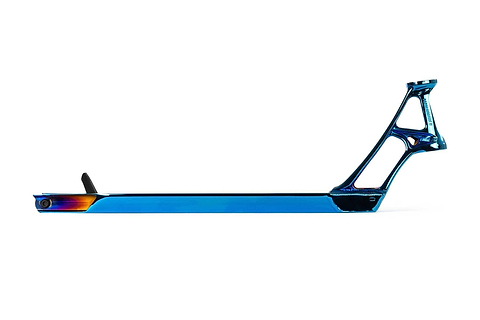 The Ethic DTC Pandemonium V2 Chrome Blue Stunt Scooter Deck, measuring 5.1" x 18.1", boasts a sleek and aerodynamic design with vibrant blue and purple hues. This lightweight deck is crafted from durable aluminum and features intricate cutouts along with a curved headtube for a modern look, accentuated by its glossy finish.