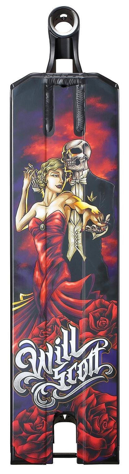A stylized artwork shows a woman in a red dress dancing with a skeleton in a tuxedo, surrounded by red roses and the Blunt Envy AOS V6 Will Scott Signature Stunt Scooter Deck - 6.5" x 23" with "Will Scott" boldly written at the bottom.