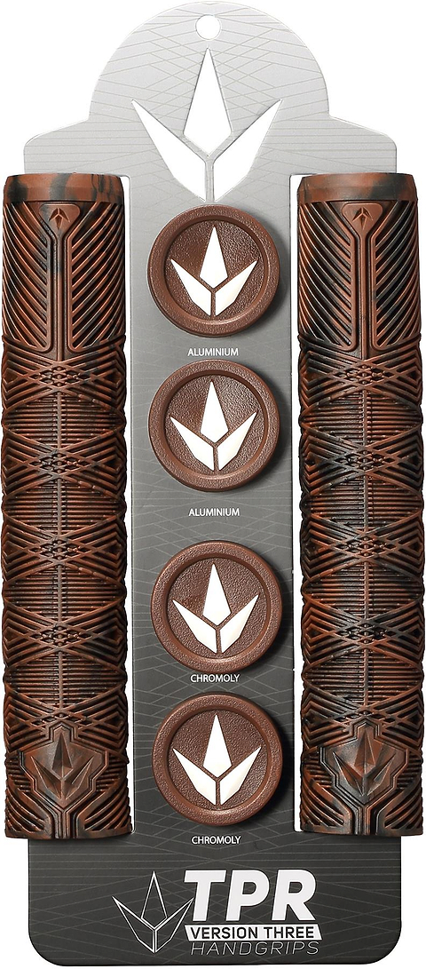 Blunt Envy V3 Chocolate / Black Stunt Scooter Grips (160mm) are shown on a silver display with four metallic "Aluminium" and "Chromoly" badges. Packaging states: TPR Version Three Handgrips.