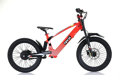 The Revvi 20" Kids Electric Balance Bike - Red features a sleek frame with off-road rubber air-filled tires, proudly displaying the Revvi brand. It includes a front suspension fork and disc brakes for rugged terrains. The background is white.