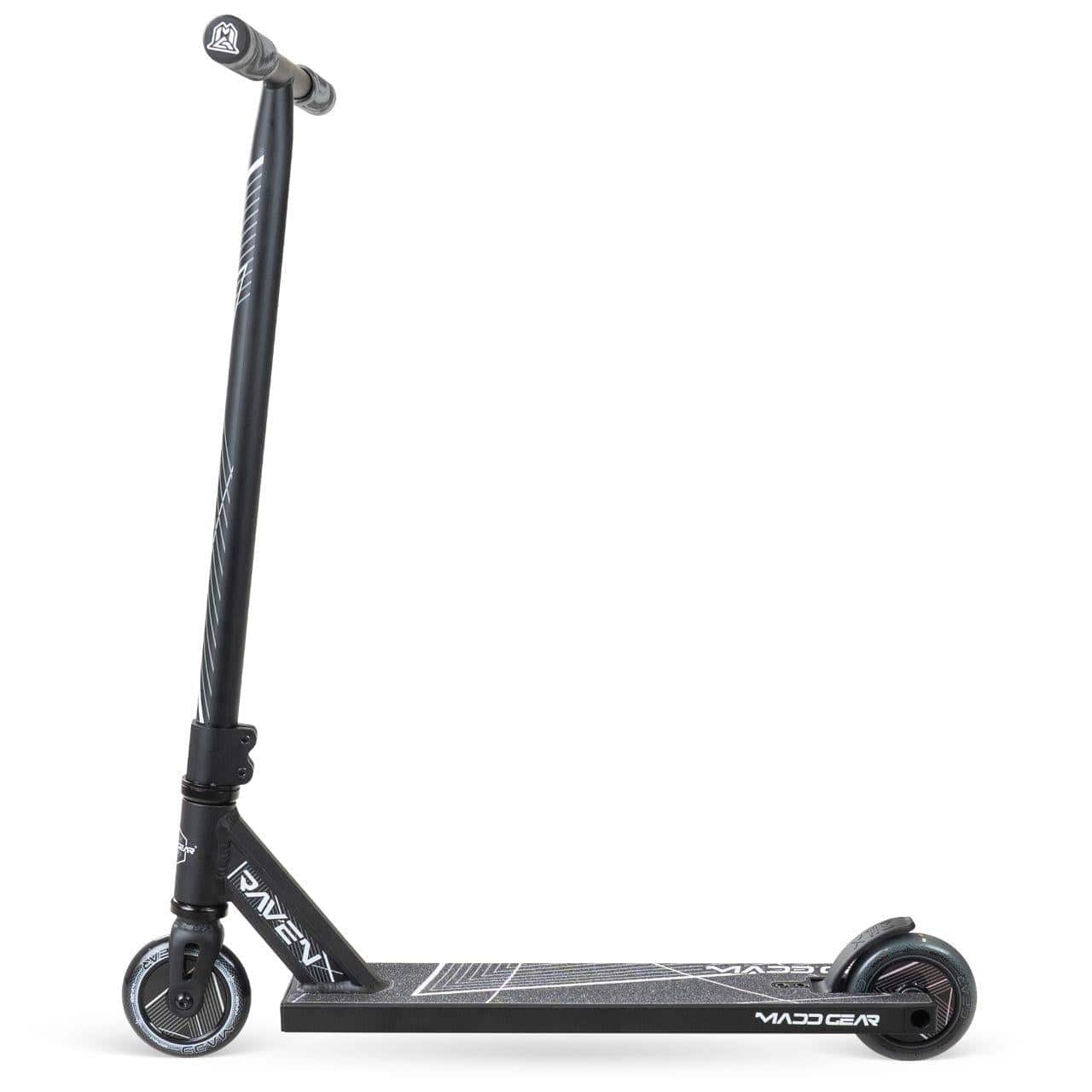 The Madd Gear (MGP) MG 1 Raven Complete Stunt Scooter in black features a straight handlebar, black deck with white graphics, small wheels, and lightweight design. Side profile shown on a white background with Madd Gear branding.
