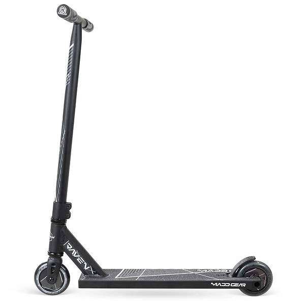 The Madd Gear (MGP) MG 1 Raven Complete Stunt Scooter in black features a straight handlebar, black deck with white graphics, small wheels, and lightweight design. Side profile shown on a white background with Madd Gear branding.