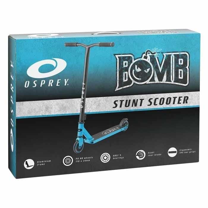 Osprey Bomb Complete Stunt Scooter - Blue box shows the entry-level scooter with aluminum frame, ABEC 7 bearings, steel rear brake, and replaceable bar grips. Designed for beginners. Osprey logo displayed on the left.