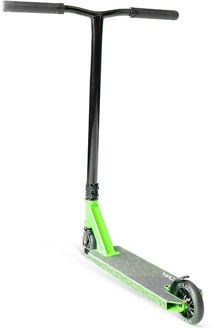 The Madd Gear (MGP) Viral Purge Complete Stunt Scooter - Jade features a green and black design with a wide textured deck, black handlebars, and wheels, shown from a front-side angle on a white background.
