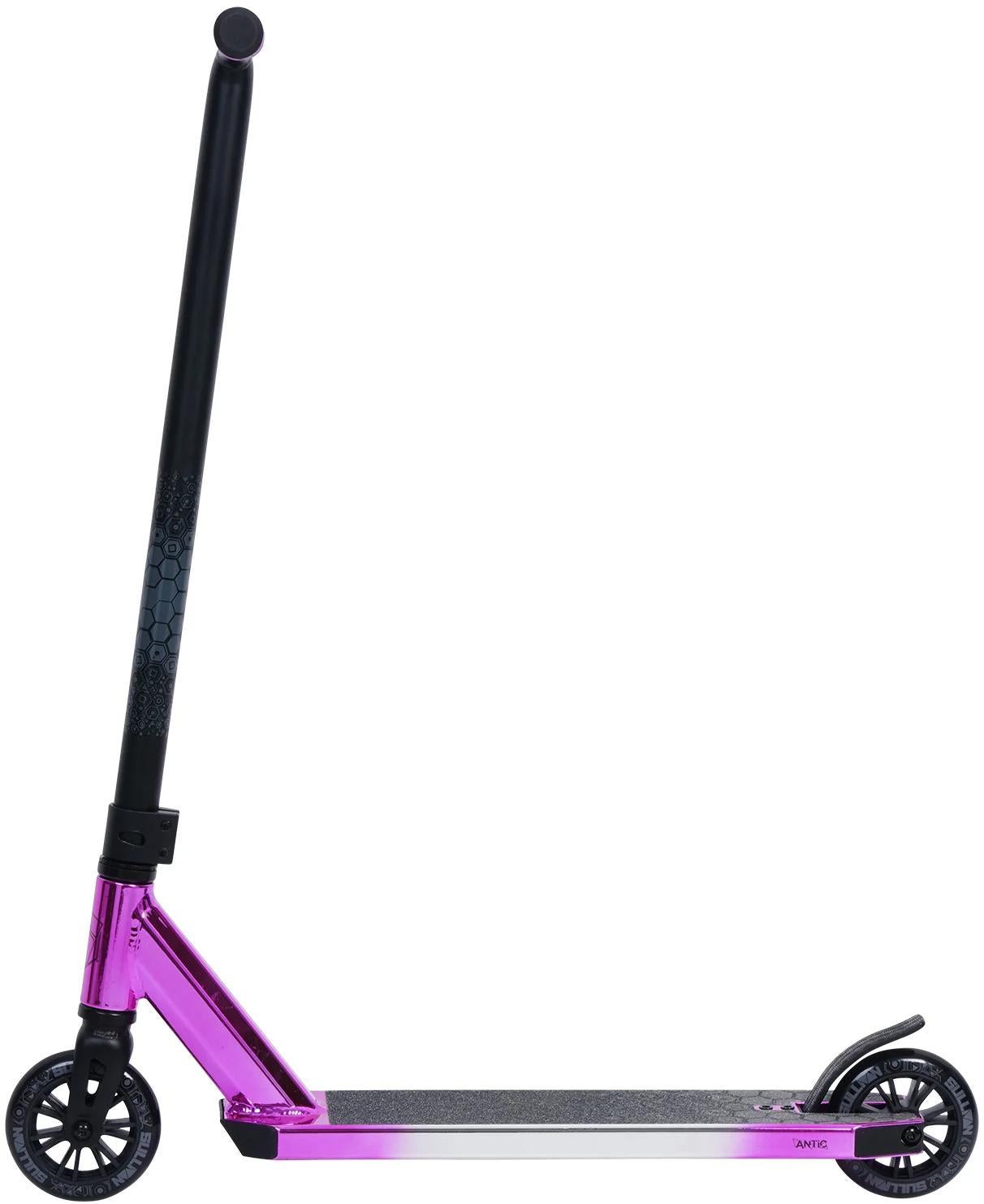 The Sullivan Antic Complete Stunt Scooter by Sullivan features a pink, black, and silver design with 110mm black wheels, a black handlebar, and a grated foot deck, shown from the side against a white background.