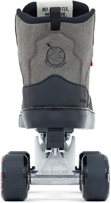 A close-up rear view of the Rio Roller Ramp Quad Roller Skates - Grey by Rio Roller, featuring a black and grey design with four black wheels, "ROLLING SUSTAINABLY" text, and an earth logo on the back against a white background.