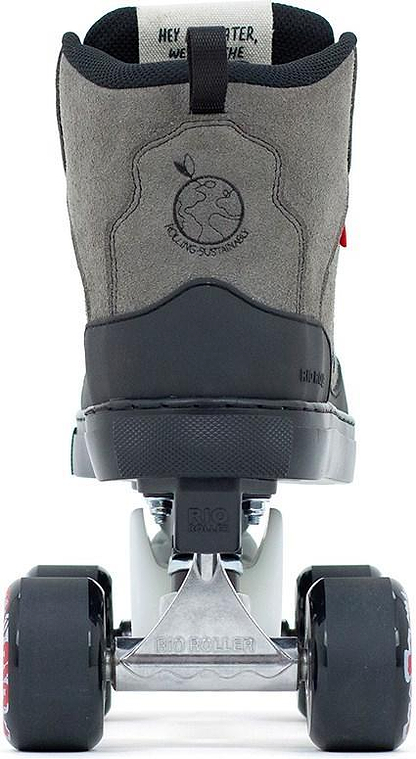 A close-up rear view of the Rio Roller Ramp Quad Roller Skates - Grey by Rio Roller, featuring a black and grey design with four black wheels, "ROLLING SUSTAINABLY" text, and an earth logo on the back against a white background.