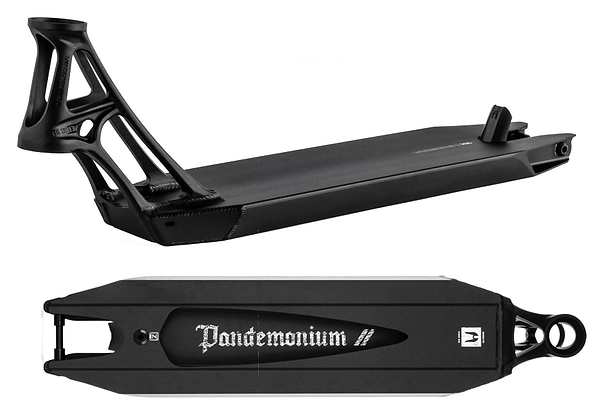 The Ethic DTC Pandemonium V2 Black Stunt Scooter Deck, measuring 5.1" x 18.1", is expertly crafted from 6061-T6 aluminium and features a bold, angular design. This lightweight deck has distinct cutout patterns and showcases "Pandemonium" in decorative script on the underside, visible from both side and bottom views.