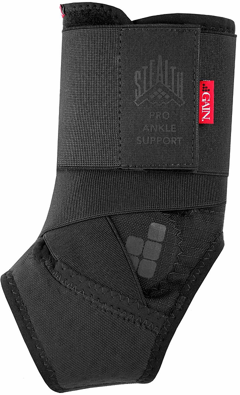 The GAIN Protection Stealth Pro Junior Ankle Support in black provides adjustable compression and stability for enhanced ankle protection during activity. Adjustable straps ensure a secure fit. Brand: GAIN.