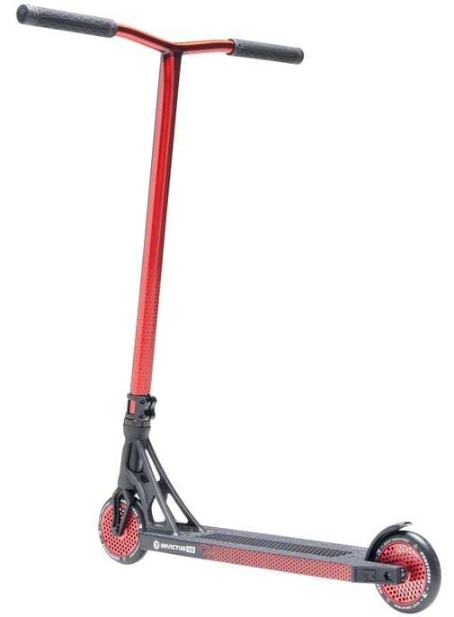 The Root Industries Invictus V3 Complete Stunt Scooter - Burnt Red features a durable T-shaped handlebar, wide deck, and compact wheels—ideal for tricks and freestyle riding.